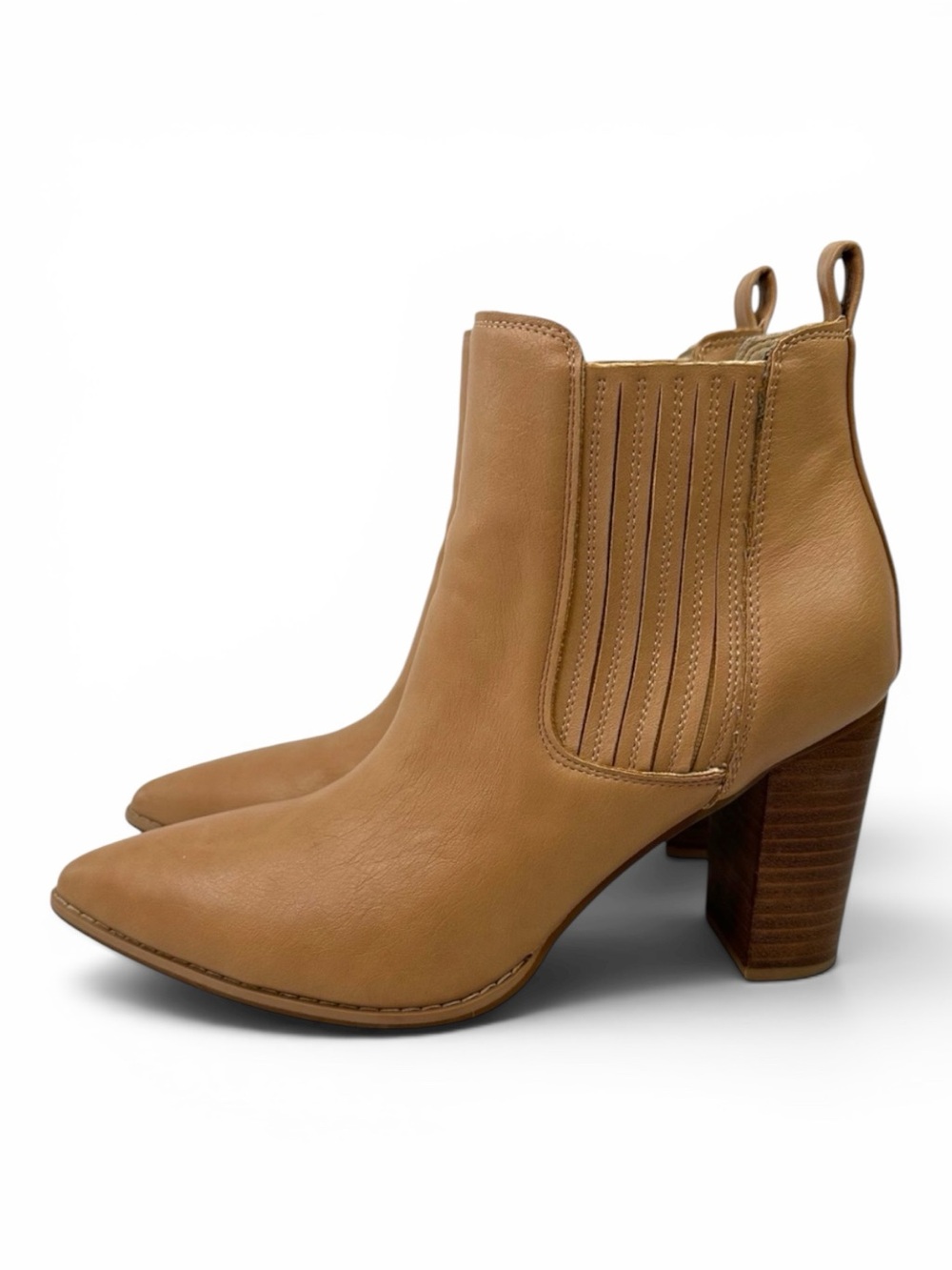 Oasis Society Stacked Heel Faux Leather Slip On Ankle Boot Tan 9